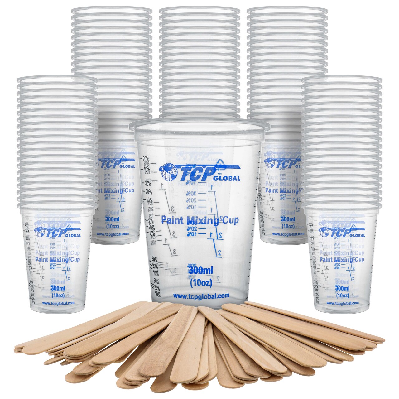 10 oz. (300ml) Graduated Plastic Mixing Cups - Box of 100 with 50 Mixing Sticks - Disposable Plastic Measuring Cups for Liquids, Paints, Resin, Epoxy, Art, Kitchen - Ratios 2-1, 3-1, 4-1 ML